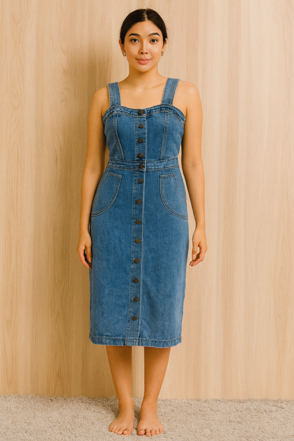 Button-Front Denim Midi Dress
