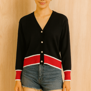 Contrast‑Rib Button Cardigan